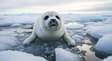 Baby seal on ice floe, Antarctic Peninsula, Antarctica, wildlifeの素材