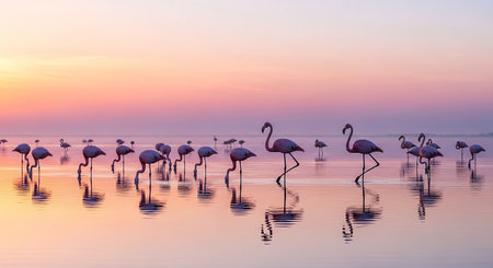 Flamingos at sunrise in Camargue, France.の素材