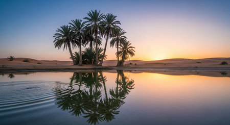 Sunset in the Sahara desert with palm trees reflected in the waterの素材
