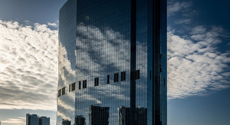 Modern skyscrapers in the city against the blue sky with cloudsの素材