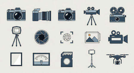 Photography equipment icons set. Vector illustration in flat design style.の素材