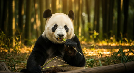 Giant panda bear eating bamboo in Chengdu, China.の素材
