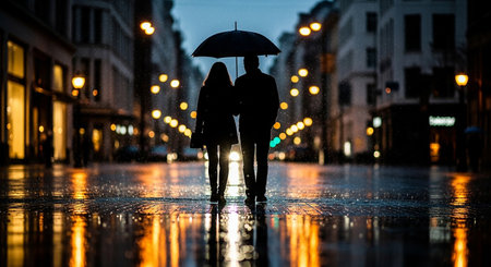 Back view of romantic couple standing under umbrella on rainy street at nightの素材