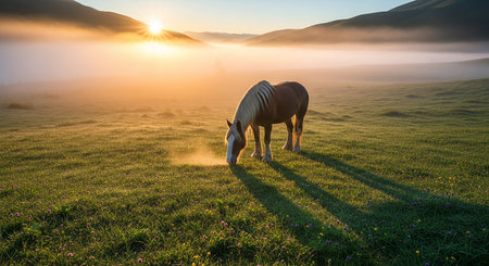 Horse grazing on the meadow at sunrise in the mountains.の素材