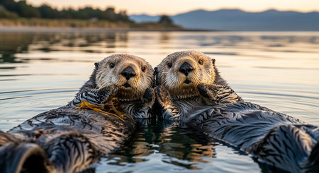 Two sea otters swimming in the water at sunset, close upの素材