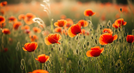 Beautiful red poppies on the field. Soft focus.の素材