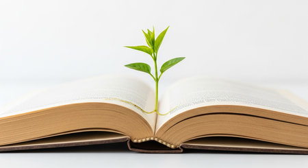 Green plant growing out of open book on white background with copy spaceの素材