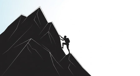 Silhouette of a man climbing a mountain on a white backgroundの素材