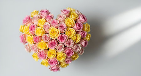 Heart of pink and yellow roses on a white background, top viewの素材