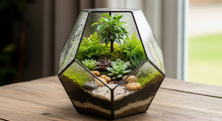 Glass florarium with small plants and stones on wooden table.の素材