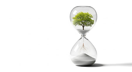 Conceptual image with green tree growing inside hourglass on white backgroundの素材
