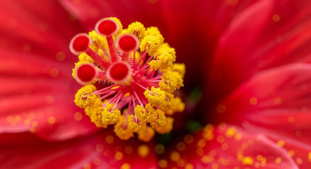 Close up of red hibiscus flower with pollen and stamenの素材