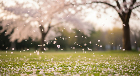 Cherry blossom petals flying in the air with blurred backgroundの素材