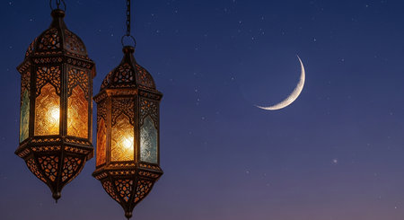 Ramadan Kareem lanterns with crescent moon in the night skyの素材