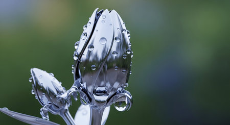 A closeup shot of a silver spoon with water drops on itの素材