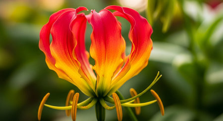 Close up of a red and yellow lily flower in the gardenの素材