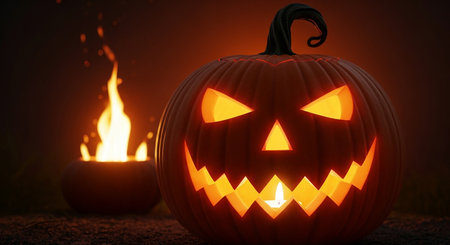 Halloween pumpkins at night with fire on background. 3d renderingの素材