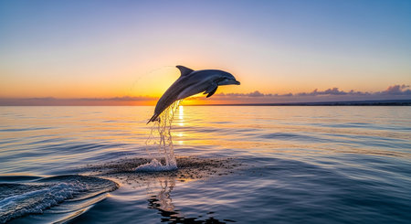 Dolphins jumping out of the water with a sunset in the backgroundの素材
