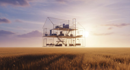 3d rendering of a modern house on a wheat field with sunsetの素材
