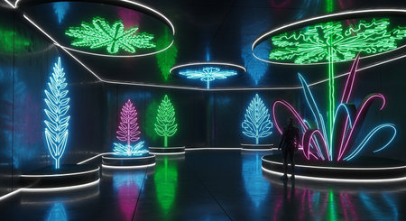 3d rendering. Futuristic neon interior with glowing lights. Sci-fi background.の素材