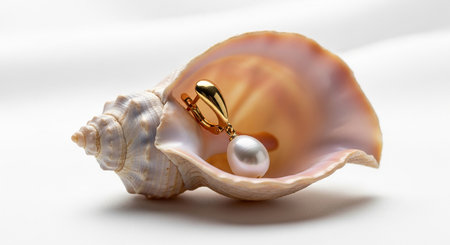 Pair of golden earrings with pearls in a seashellの素材