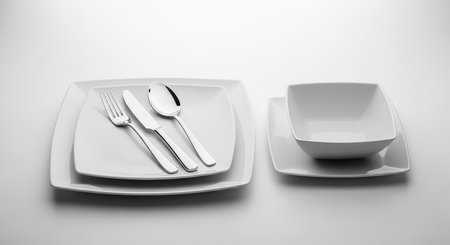 Empty plate and cutlery on white background, 3d renderの素材