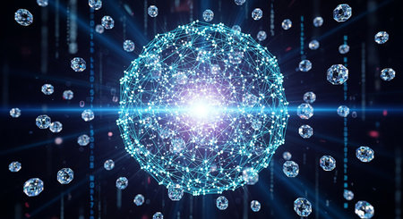 Digital sphere with binary code on dark blue background. 3D renderingの素材