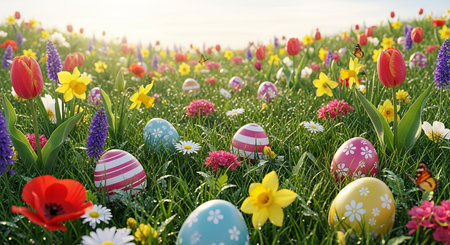 Easter eggs and spring flowers in the meadow. Spring backgroundの素材