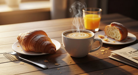 Cup of coffee with croissant on wooden table in cafeの素材