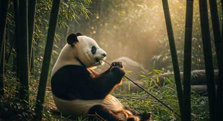 Giant panda eating bamboo in the bamboo forest. Giant panda eating bambooの素材