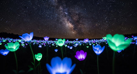 Beautiful night sky with stars and milky way over a field of tulipsの素材