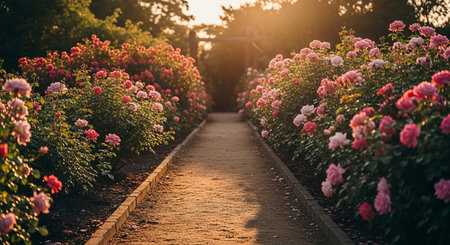 Beautiful blooming roses in the garden at sunset. Nature backgroundの素材