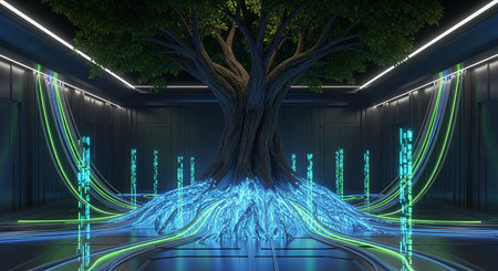 Futuristic tunnel corridor with glowing lights and tree 3d renderingの素材