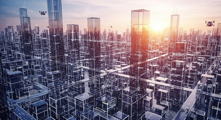 Modern cityscape with skyscrapers and high buildings. Mixed mediaの素材