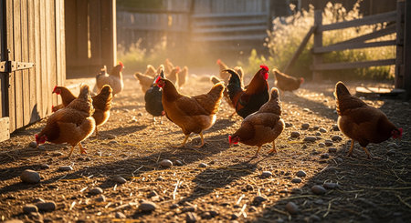 Chickens and roosters on traditional free range poultry farmの素材