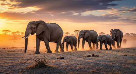 Elephants in the savannah of Amboseli National Park in Kenyaの素材