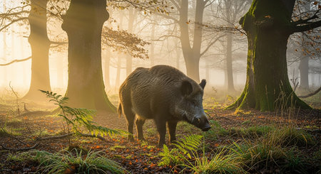Wild boar in the forest at sunrise. Boar in the forest.の素材