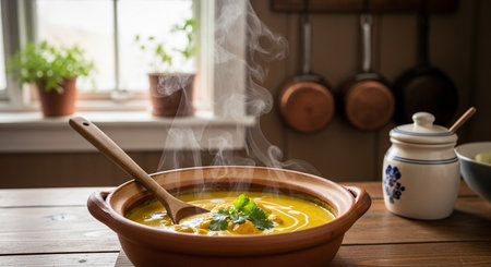 Pumpkin soup in clay pot on wooden table, stock photoの素材
