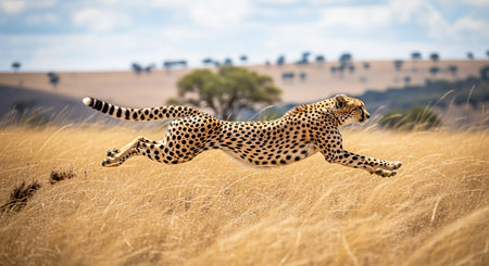 Cheetah running in the high grass of the Masai Mara National Park in Kenyaの素材