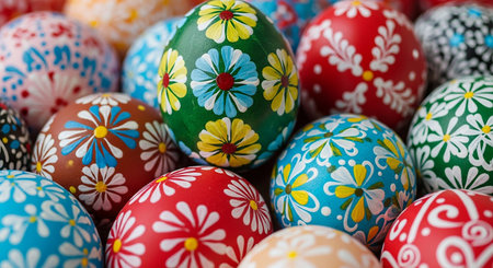 Colorful easter eggs background. Close up view of colorful easter eggs.の素材