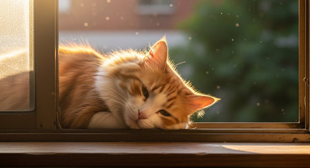 Cute ginger cat is sleeping on the windowsill in the morning.の素材