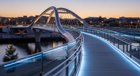 Modern pedestrian bridge over the river at night in Bilbao, Spainの素材