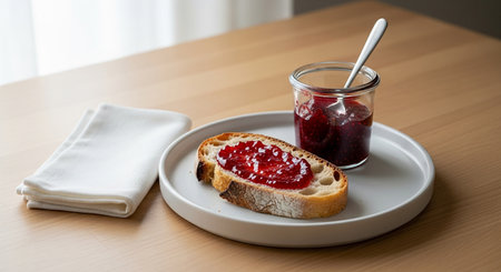 Breakfast with toast and jam in a glass jar on the tableの素材