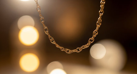 Golden necklace on bokeh background, shallow depth of field.の素材