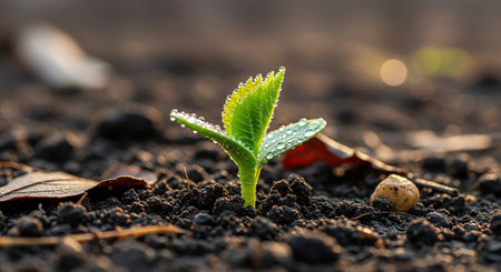Young seedling growing from seed in the morning,concept of new lifeの素材