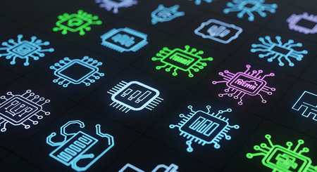 3D rendering of glowing microprocessor icons on a dark background.の素材