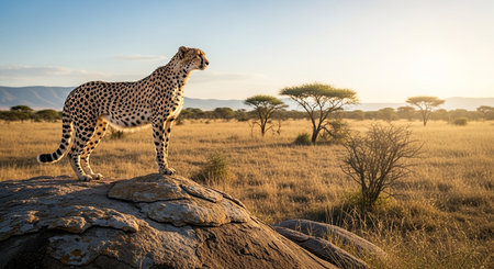 Cheetah sits on a rock in Serengeti National Park, Tanzaniaの素材