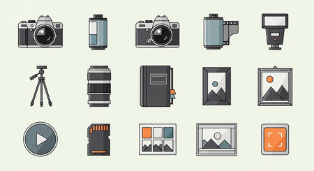 Photography and photography equipment icons set. Vector illustration in flat styleの素材