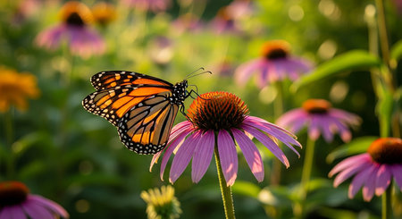 Monarch butterfly on purple coneflower, Echinacea purpureaの素材