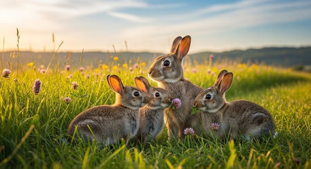 Group of rabbits on the meadow with flowers at sunset in summerの素材